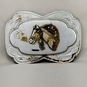 Vintage Gürtelschnalle Western Horseshoe Over Pferdekopf Cowboy Cowgirl Filigree