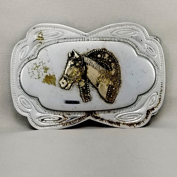 Vintage Belt Buckle Western Horseshoe Over Horse Head Cowboy Cowgirl Filigree
