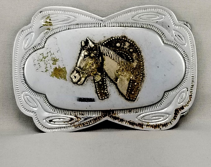 Vintage Belt Buckle Western Horseshoe Over Horse Head Cowboy Cowgirl Filigree