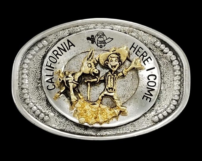 1986 Freemasons Shriners Mason California Here I Come Belt Buckle Gold Rush