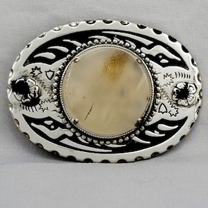 Belt Buckle Women&#39;s Unisex Beige White Onyx Stone Cabochon Filigree Western Goth