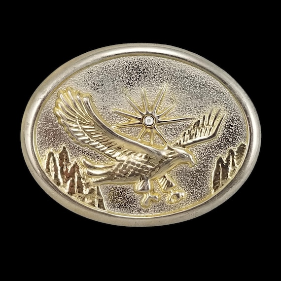 Vintage Soaring Eagle Belt Buckle Silver Gold Tone Western Rhinestone Sunburst