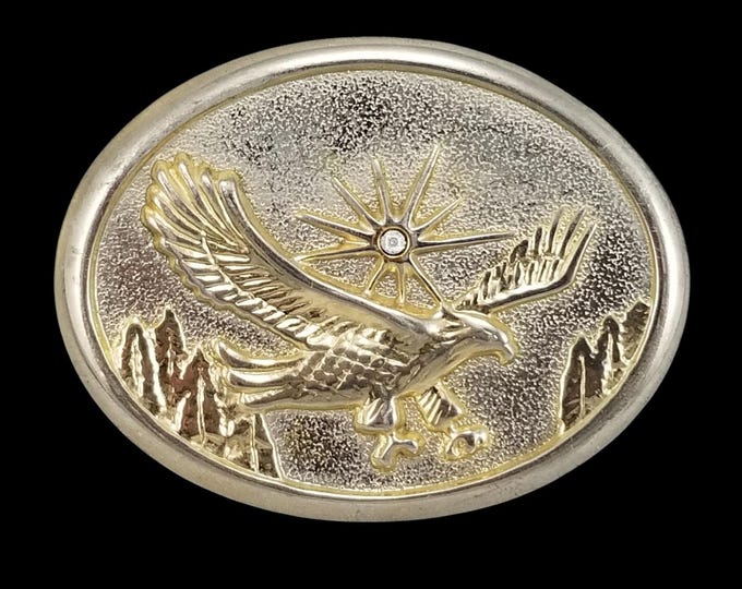 Vintage Soaring Eagle Belt Buckle Silver Gold Tone Western Rhinestone Sunburst