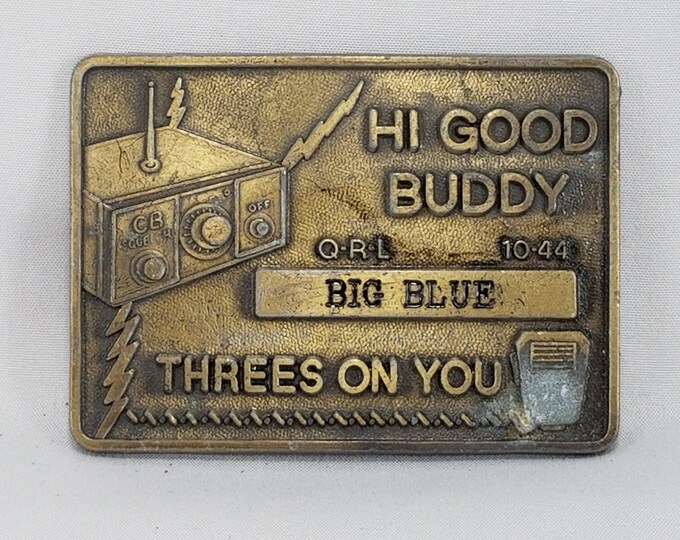 Vintage CB Radio Belt Buckle, Brass Hi Good Buddy Trucker 10-44 Driver Gift