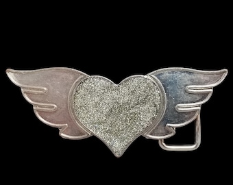 Vintage Belt Buckle Heart With Wings Silhouette Cutout Silver Color
