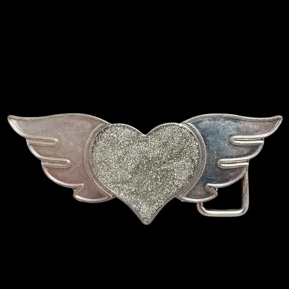 Vintage Belt Buckle Heart With Wings Silhouette Cutout Silver Color