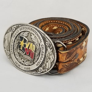 1985 Belt Buckle With Tooled Leather Belt Texas Sesquicentennial Celebration USA