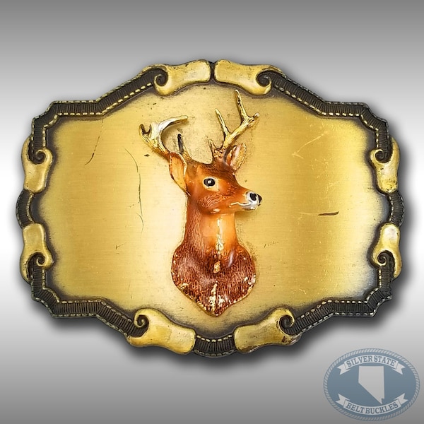 Vintage Belt Buckle 1977 Or 1978 Deer Head Buck Torso Gold Color USA Made By Raintree Buckle & Jewelry Inc.