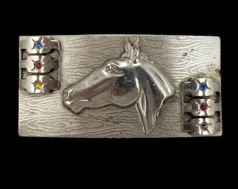 Vintage Silver Tone Horse Head Belt Buckle Western Cowboy Rhinestone Accents