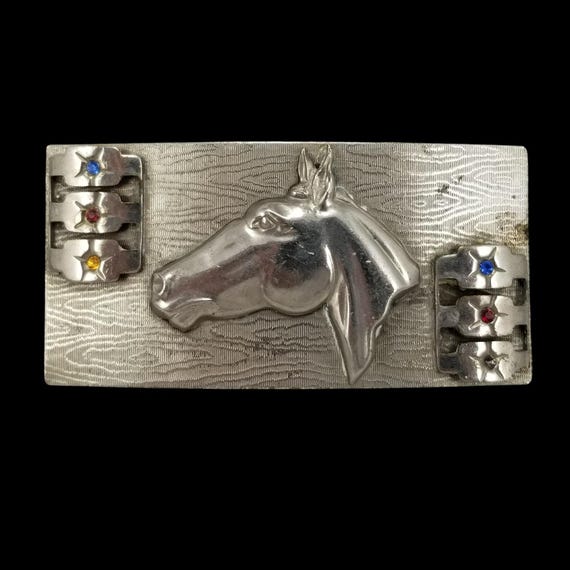 Vintage Silver Tone Horse Head Belt Buckle Western Cowboy Rhinestone Accents