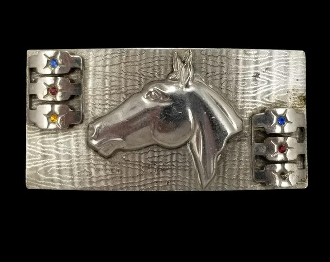 Vintage Silver Tone Horse Head Belt Buckle Western Cowboy Rhinestone Accents