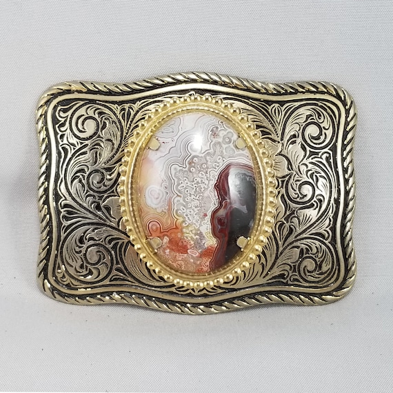 Vintage Style Agate Belt Buckle, Western Engraved  with Natural Stone, Southwestern Cowboy Buckle, Unique Gift for Him Her