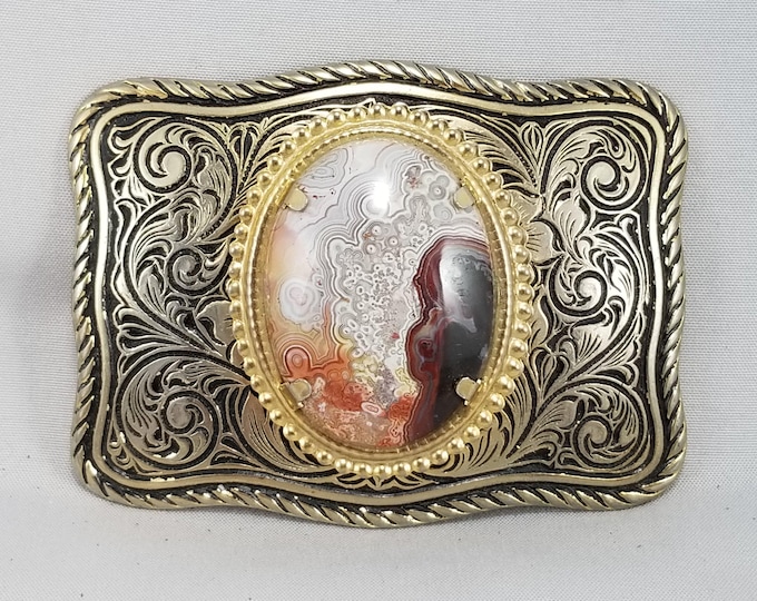 Vintage Style Agate Belt Buckle, Western Engraved  with Natural Stone, Southwestern Cowboy Buckle, Unique Gift for Him Her