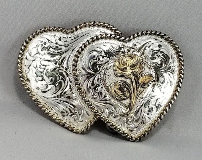 Vintage Montana Silversmiths Double Heart Belt Buckle, Silver Plate Floral Rose