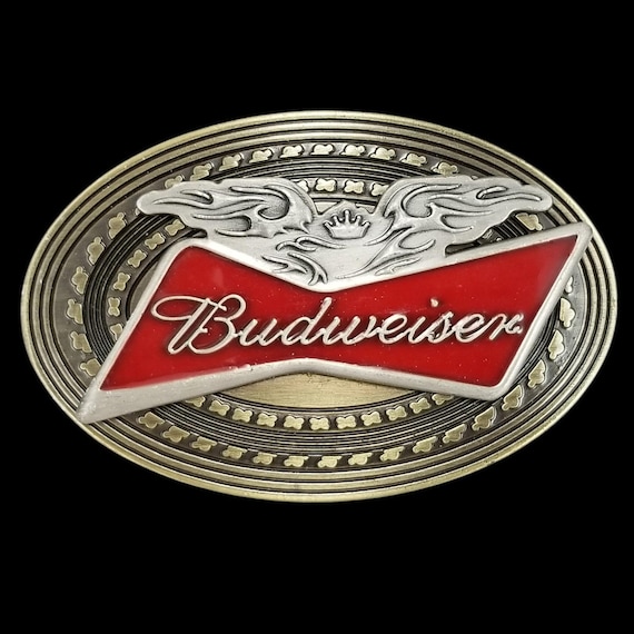 Vintage Budweiser Belt Buckle Eagle Logo Red White Gold Tone Brass