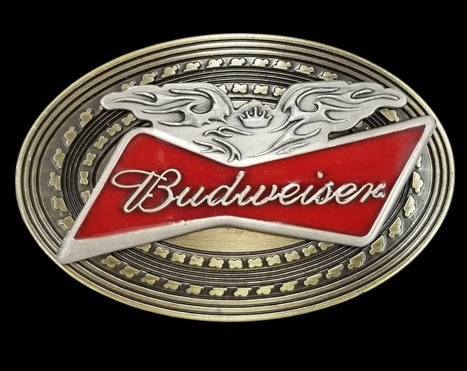 Vintage Budweiser Belt Buckle Eagle Logo Red White Gold Tone Brass