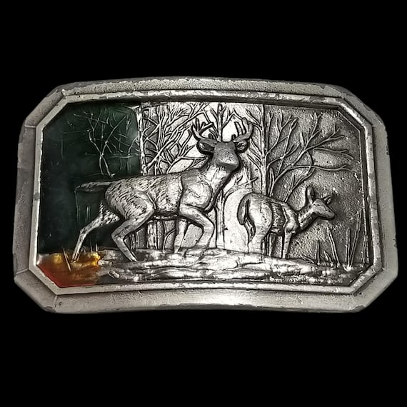 Vintage 1976 Pewter Belt Buckle: Deer in the Wild