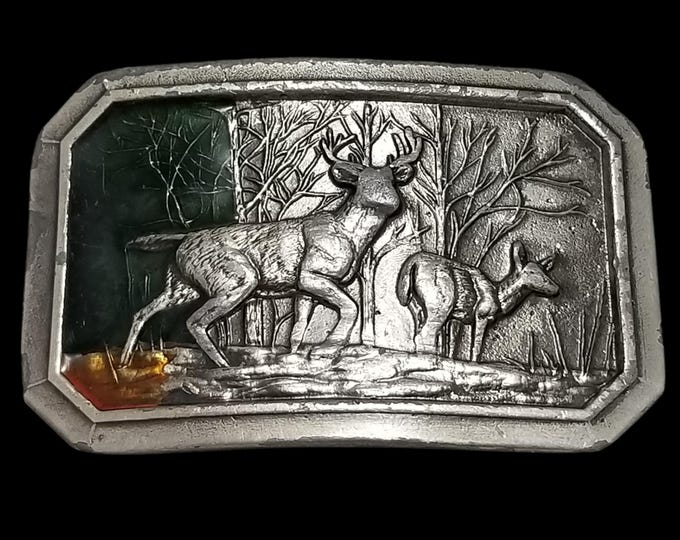 Vintage 1976 Pewter Belt Buckle: Deer in the Wild