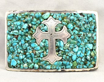 Vintage Gürtelschnalle Damen Türkis Kreuz Crushed Strass Nocona Buckles