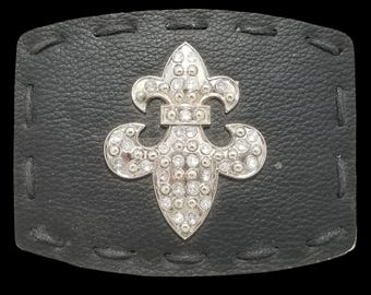 Vintage Belt Buckle Black Leather Metal Back Fleur De Lis Goth Unisex