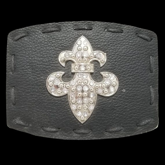 Vintage Belt Buckle Black Leather Metal Back Fleur De Lis Goth Unisex