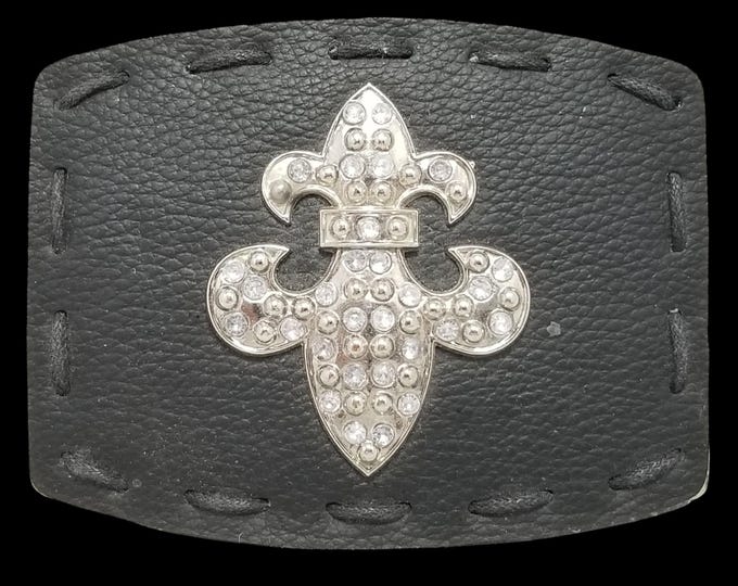 Vintage Belt Buckle Black Leather Metal Back Fleur De Lis Goth Unisex