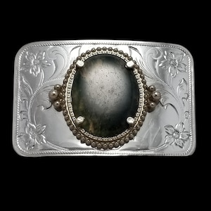 Vintage Belt Buckle Cabochon Agate Western Filigree Carved Flowers Silver Color