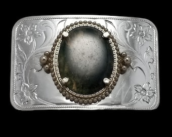 Hebilla de cinturón vintage con cabujón de ágata y filigrana occidental, flores talladas, color plata