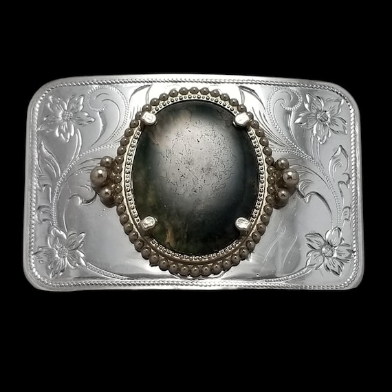 Vintage Belt Buckle Cabochon Agate Western Filigree Carved Flowers Silver Color