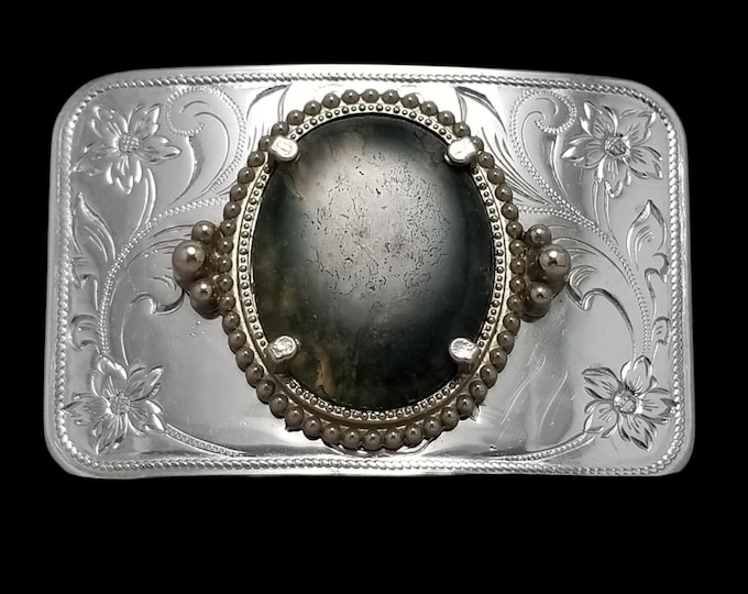 Vintage Belt Buckle Cabochon Agate Western Filigree Carved Flowers Silver Color