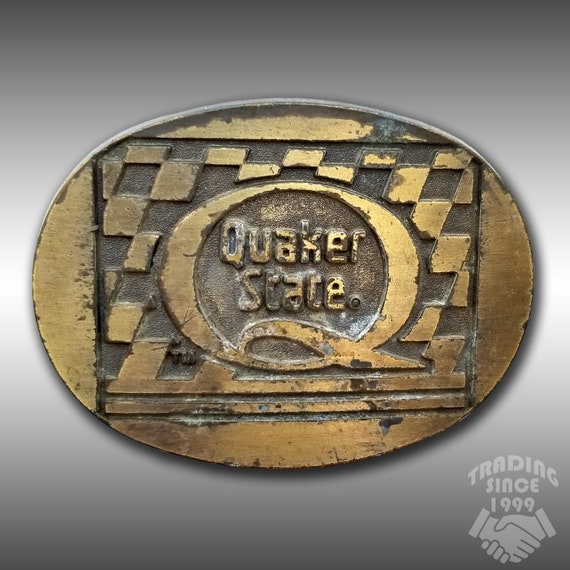 Vintage Belt Buckle Quaker State Motor Oil NASCAR Automotive Racing Gold Color