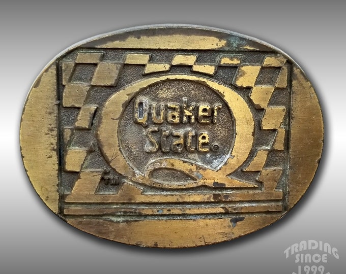 Vintage Belt Buckle Quaker State Motor Oil NASCAR Automotive Racing Gold Color