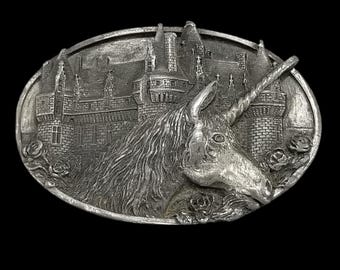 Bergamot Belt Buckle Vintage Unicorn Silver Castle Fantasy 1983 V-48 Made in USA