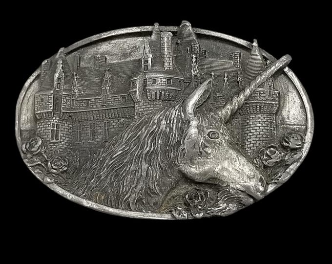 Bergamot Belt Buckle Vintage Unicorn Silver Castle Fantasy 1983 V-48 Made in USA