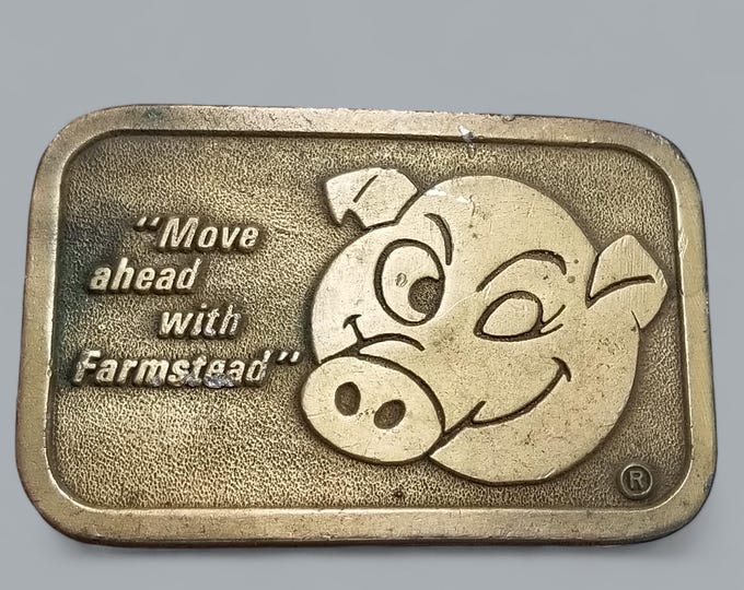 Vintage Belt Buckle Move Ahead With Farmstead Farm Farming Pig Head USA Made