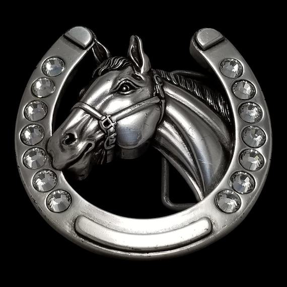 Vintage Belt Buckle Nocona Buckles Horseshoe Horse Torso Rhinestones Western