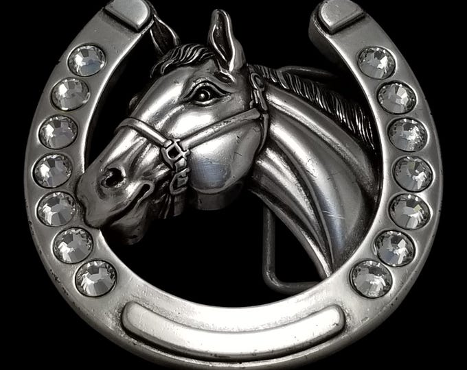 Vintage Belt Buckle Nocona Buckles Horseshoe Horse Torso Rhinestones Western