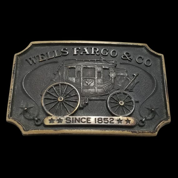 Vintage Belt Buckle 1975 Solid Brass Wells Fargo & Co Bank W/ Owner Registration