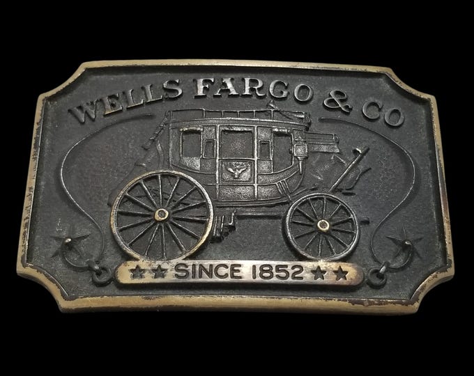 Vintage Belt Buckle 1975 Solid Brass Wells Fargo & Co Bank W/ Owner Registration