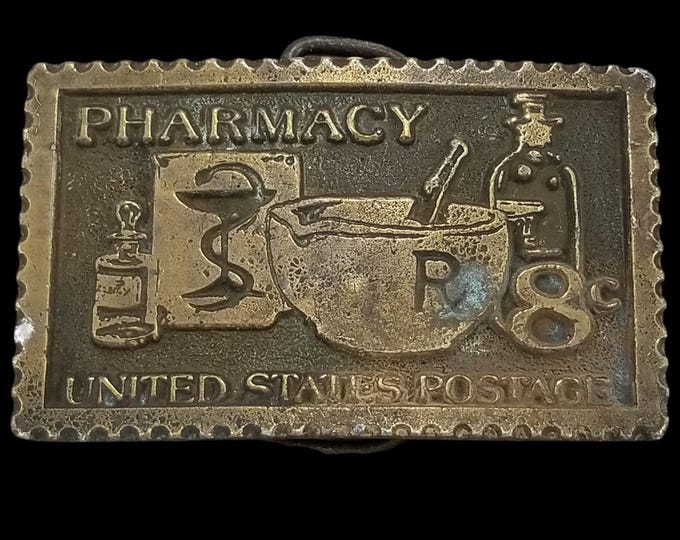 Vintage Pharmacy Stamp Belt Buckle Tiffany Studio New York Brass