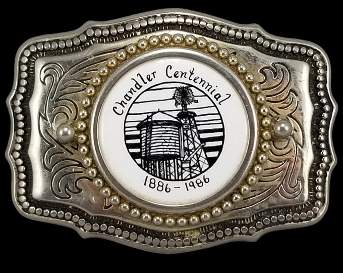 Chandler Centennial 1886 1986 Western Belt Buckle Water Tower Windmill USA Made