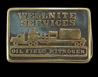 Anacortes Brass Works Ltd 1982 Wellnite Services Nitrogen Truck Belt Buckle, Solid Brass Oilfield