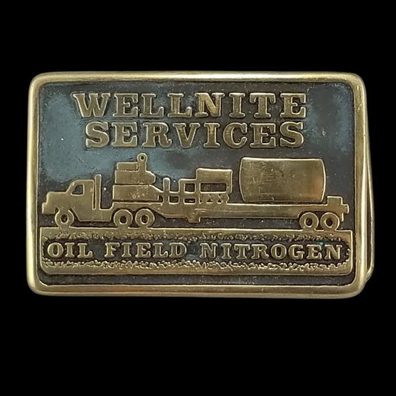 Anacortes Brass Works Ltd 1982 Wellnite Services Nitrogen Truck Belt Buckle, Solid Brass Oilfield