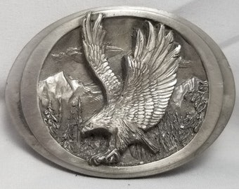 Vintage Belt Buckle Pewter 1988 American Bald Eagle Landscape Mountains USA