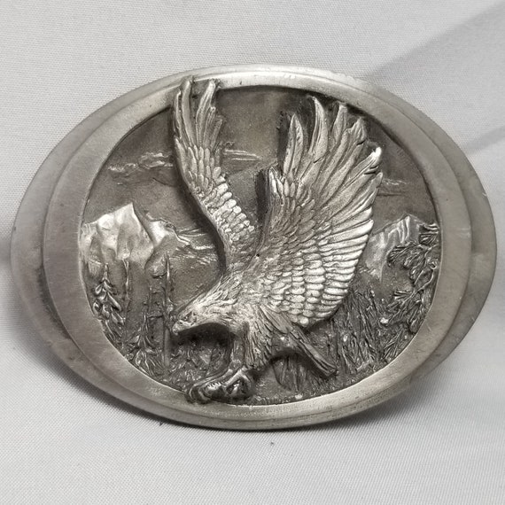 Vintage Belt Buckle Pewter 1988 American Bald Eagle Landscape Mountains USA
