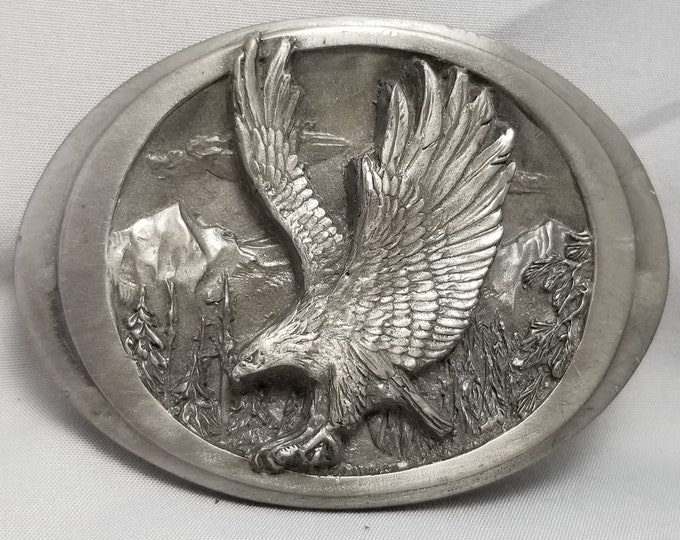 Vintage Belt Buckle Pewter 1988 American Bald Eagle Landscape Mountains USA