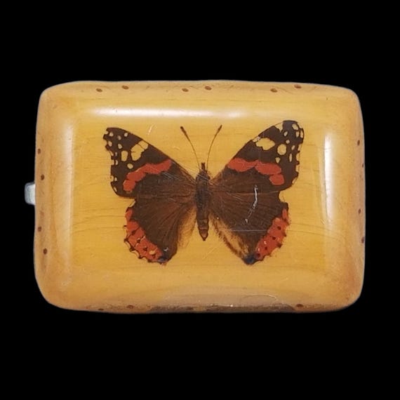 Vintage Painted Butterfly On Wood Resin Small Belt Buckle Red Brown