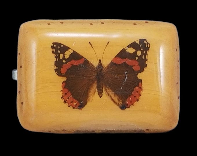 Vintage Painted Butterfly On Wood Resin Small Belt Buckle Red Brown