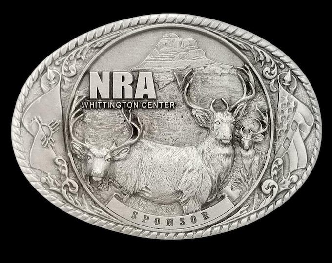 NRA Whittington Center Sponsor Belt Buckle, Elk Deer Motif, Pro Honor USA Made