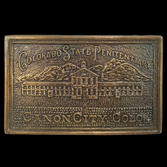 Vintage Colorado State Penitentiary Canon City CO Brass Belt Buckle Gold Tone